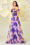 Purple Floral Print A Line Detachable Sleeves Long Prom Dress