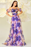 Purple Floral Print A Line Detachable Sleeves Long Prom Dress