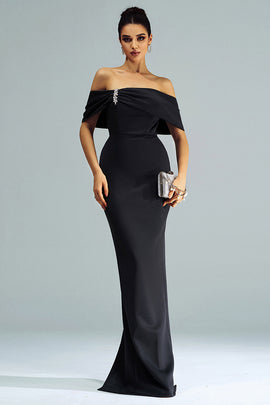 Black Mermaid Off the Shoulder Satin Long Prom Dress with Slit