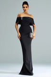 Black Mermaid Off the Shoulder Satin Long Prom Dress with Slit