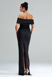 Black Mermaid Off the Shoulder Satin Long Prom Dress with Slit
