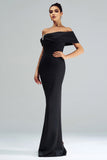 Black Mermaid Off the Shoulder Satin Long Prom Dress with Slit