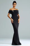 Black Mermaid Off the Shoulder Satin Long Prom Dress with Slit