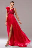 Red A Line V-Neck Organza Long Prom Dress with Slit