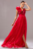 Red A Line V-Neck Organza Long Prom Dress with Slit