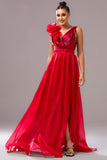 Red A Line V-Neck Organza Long Prom Dress with Slit