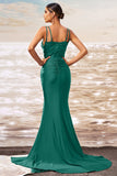 Dark Green Mermiad Square Neck Satin Long Prom Dress with Slit