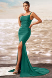 Dark Green Mermiad Square Neck Satin Long Prom Dress with Slit
