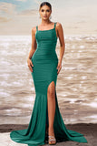 Dark Green Mermiad Square Neck Satin Long Prom Dress with Slit