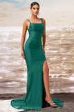 Dark Green Mermiad Square Neck Satin Long Prom Dress with Slit