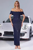 Navy Glitter Mermaid Ruched Off the Shoulder Long Prom Dress
