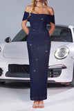 Navy Glitter Mermaid Ruched Off the Shoulder Long Prom Dress