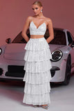 Sparkly White Sequin Two Piece Long Prom Dress with Ruffles