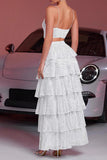 Sparkly White Sequin Two Piece Long Prom Dress with Ruffles