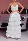 Sparkly White Sequin Two Piece Long Prom Dress with Ruffles