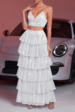 Sparkly White Sequin Two Piece Long Prom Dress with Ruffles