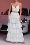 Sparkly White Sequin Two Piece Long Prom Dress with Ruffles