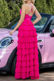 Sparkly Fuchsia Tiered Satin Ruffled Long Prom Dress with Flower