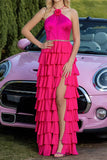 Sparkly Fuchsia Tiered Satin Ruffled Long Prom Dress with Flower