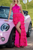 Sparkly Fuchsia Tiered Satin Ruffled Long Prom Dress with Flower