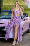 Purple Floral Tiered Cut Out High-Low Prom Dress with Ruffles