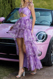 Purple Floral Tiered Cut Out High-Low Prom Dress with Ruffles