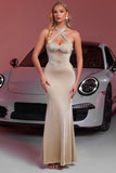 Sparkly Champagne Beaded Mermaid Satin Long Prom Dress with Keyholes