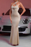 Sparkly Champagne Beaded Mermaid Satin Long Prom Dress with Keyholes