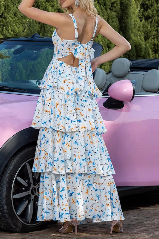 Blue Tiered Print Ruffled Long Prom Dress with Bows