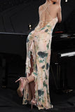 Blush Print Mermaid Long Prom Dress with Back Slit