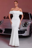 Sparkly White Sequin Ruched Mermaid Chiffon Long Prom Dress