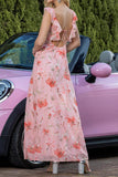 Blush Floral Print Sheath Long Prom Dress with String