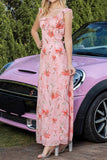 Blush Floral Print Sheath Long Prom Dress with String