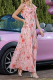 Blush Floral Print Sheath Long Prom Dress with String