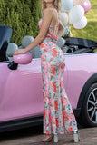 Blush Floral Print Mermaid Ruched Long Prom Dress with Slit
