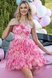 Fuchsia Cut Out Floral Short Homecoming Dress with Ruffles