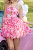 Fuchsia Cut Out Floral Short Homecoming Dress with Ruffles