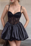 Black Satin A Line Corset Short Homecoming Dress with Lace