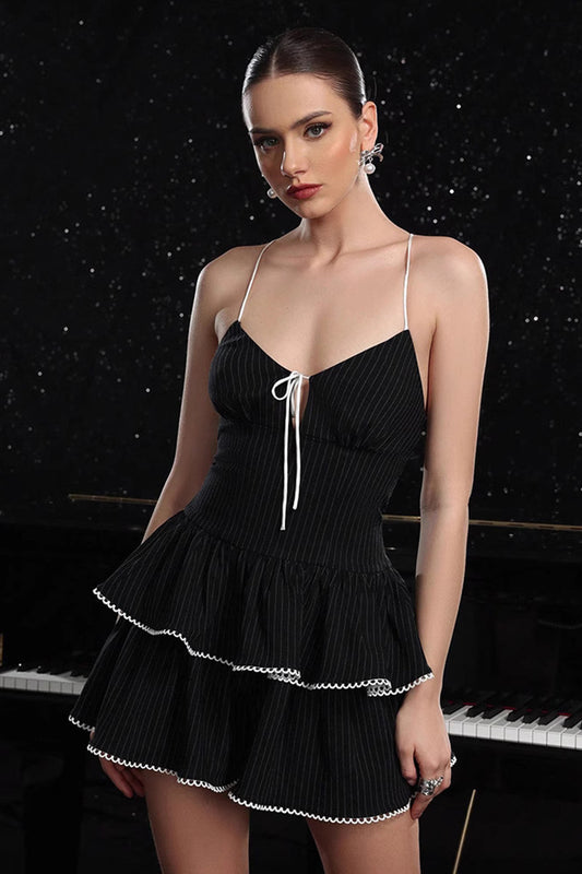 Black A Line Tiered Striped Short Homecoming Dress with Ruffles