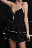 Black A Line Tiered Striped Short Homecoming Dress with Ruffles