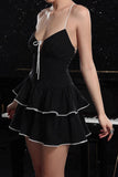 Black A Line Tiered Striped Short Homecoming Dress with Ruffles