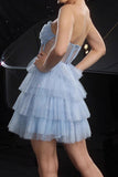 Sparkly Blue Sequin Corset Tiered Short Homecoming Dress with Ruffles