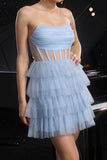 Sparkly Blue Sequin Corset Tiered Short Homecoming Dress with Ruffles