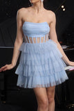 Sparkly Blue Sequin Corset Tiered Short Homecoming Dress with Ruffles