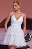 White Tulle A Line Tiered Short Homecoming Dress with Ruffles