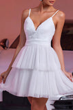White Tulle A Line Tiered Short Homecoming Dress with Ruffles