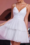 White Tulle A Line Tiered Short Homecoming Dress with Ruffles