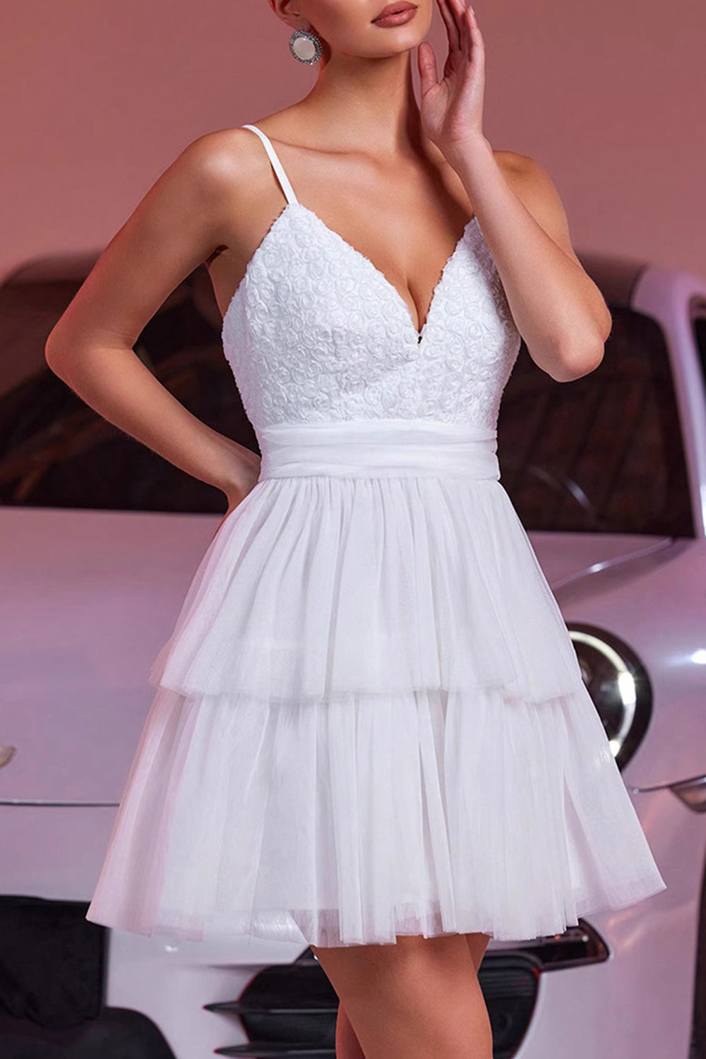 White Tulle A Line Tiered Short Homecoming Dress with Ruffles