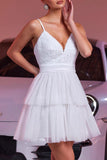 White Tulle A Line Tiered Short Homecoming Dress with Ruffles