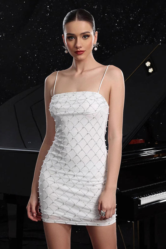 Sparkly White Spaghetti Straps Short Tight Homecoming Dress with Pearls